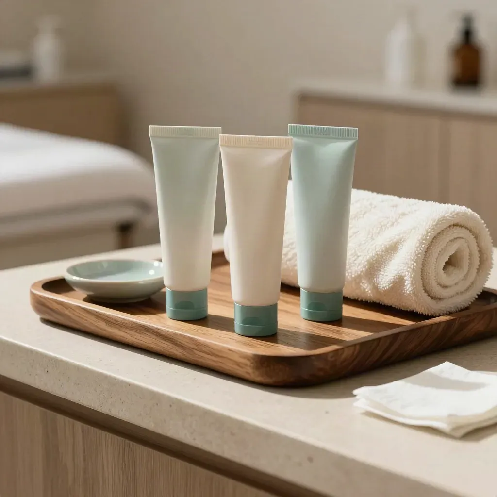 Huidcoach-tray met crèmetubes, houten dienblad en opgerolde handdoek in dramatisch licht.