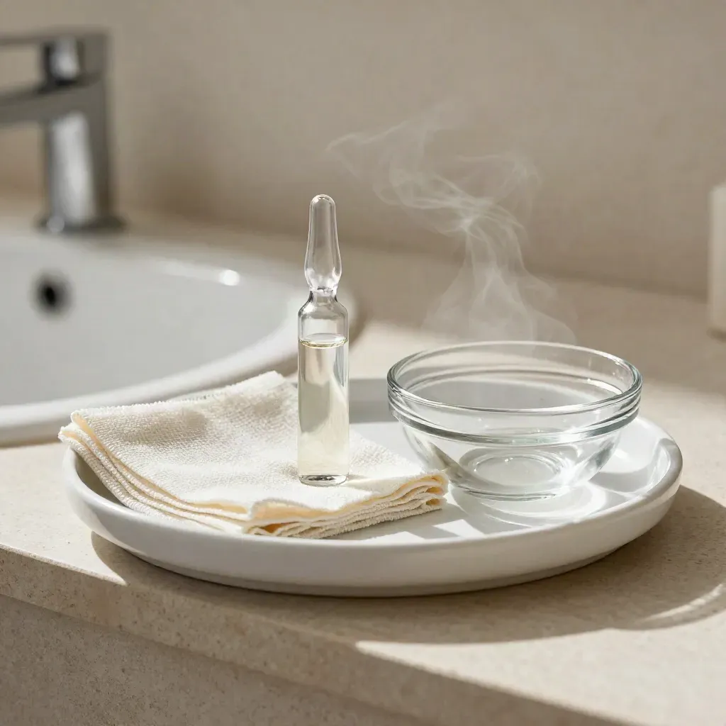 Ampul, zachte doeken en glazen kom op een off-white tray met zacht daglicht.